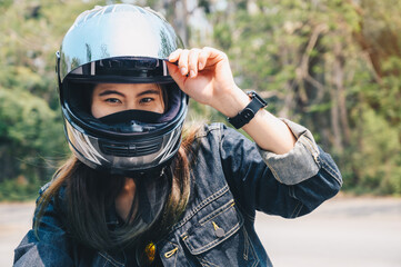 girl wearing a motorcycle helmet